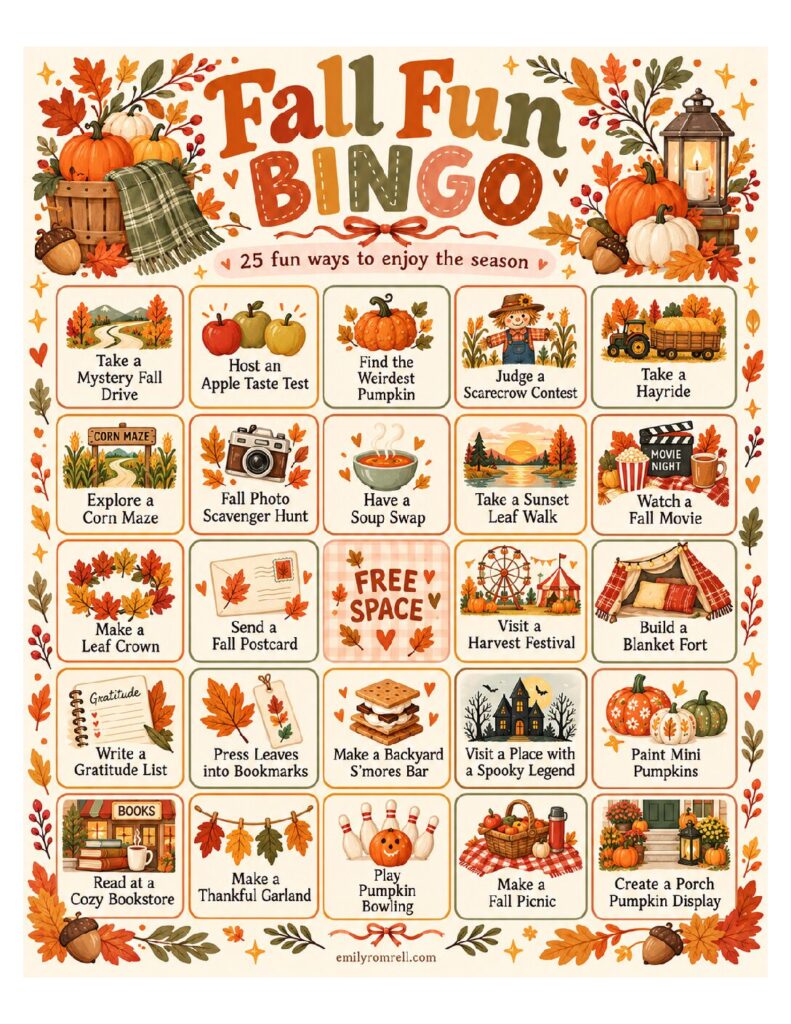 Fall Fun Bingo printable preview with autumn activities