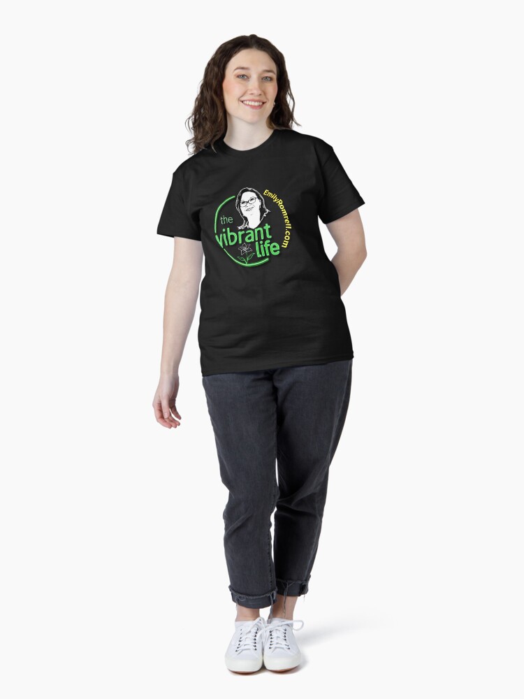 Woman wearing The Vibrant Life with Emily Romrell tee