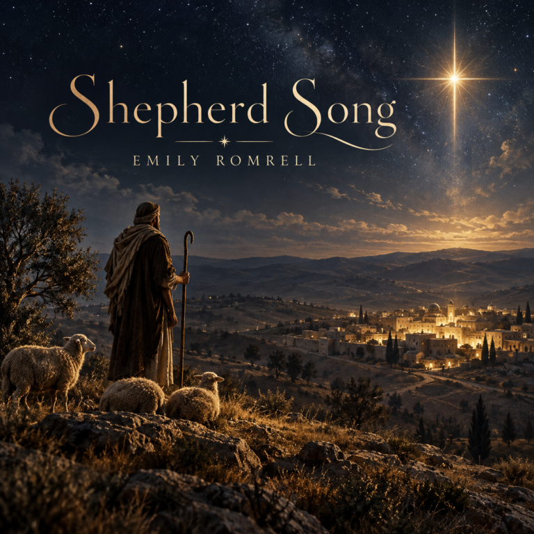 Shepherd Song cover art: a shepherd and sheep overlook Bethlehem beneath a brilliant starry sky.